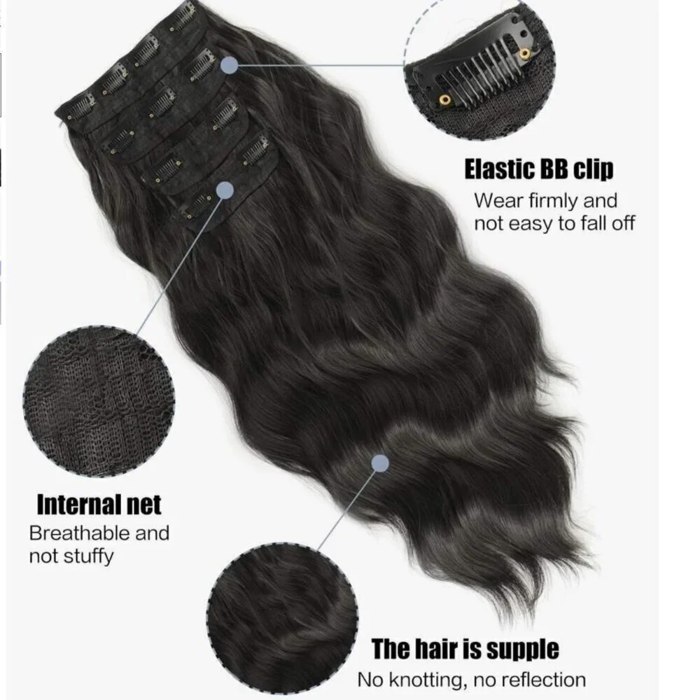 Voluminizing Full head Hair Extensions Set in Black - Clip ins 24 in long - Picture 2 of 9